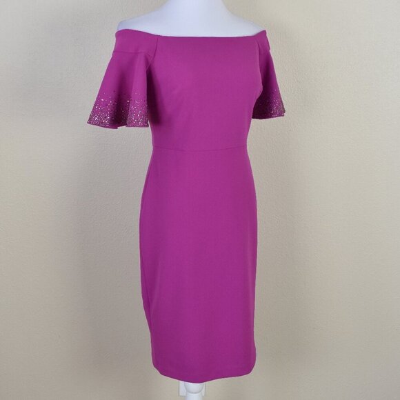 Calvin Klein Off Shoulder Sheath Flutter Sleeve Dress - 4 - Picture 8 of 9
